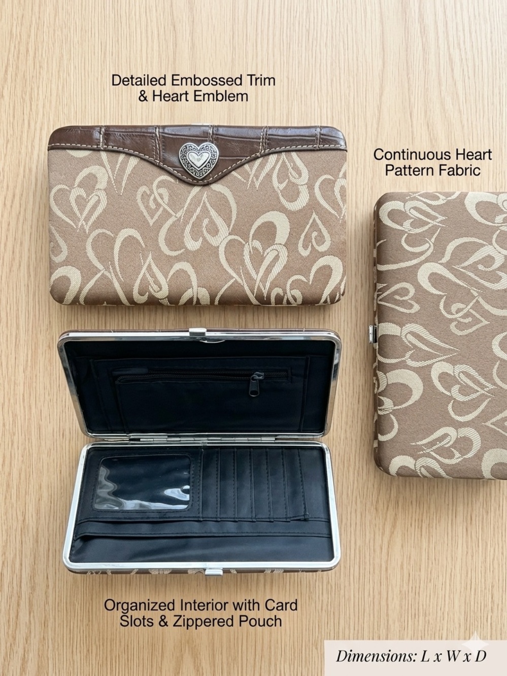 Vintage Brown Fabric Heart Print Frame Wallet with Silver Heart Clasp &Croc Trim